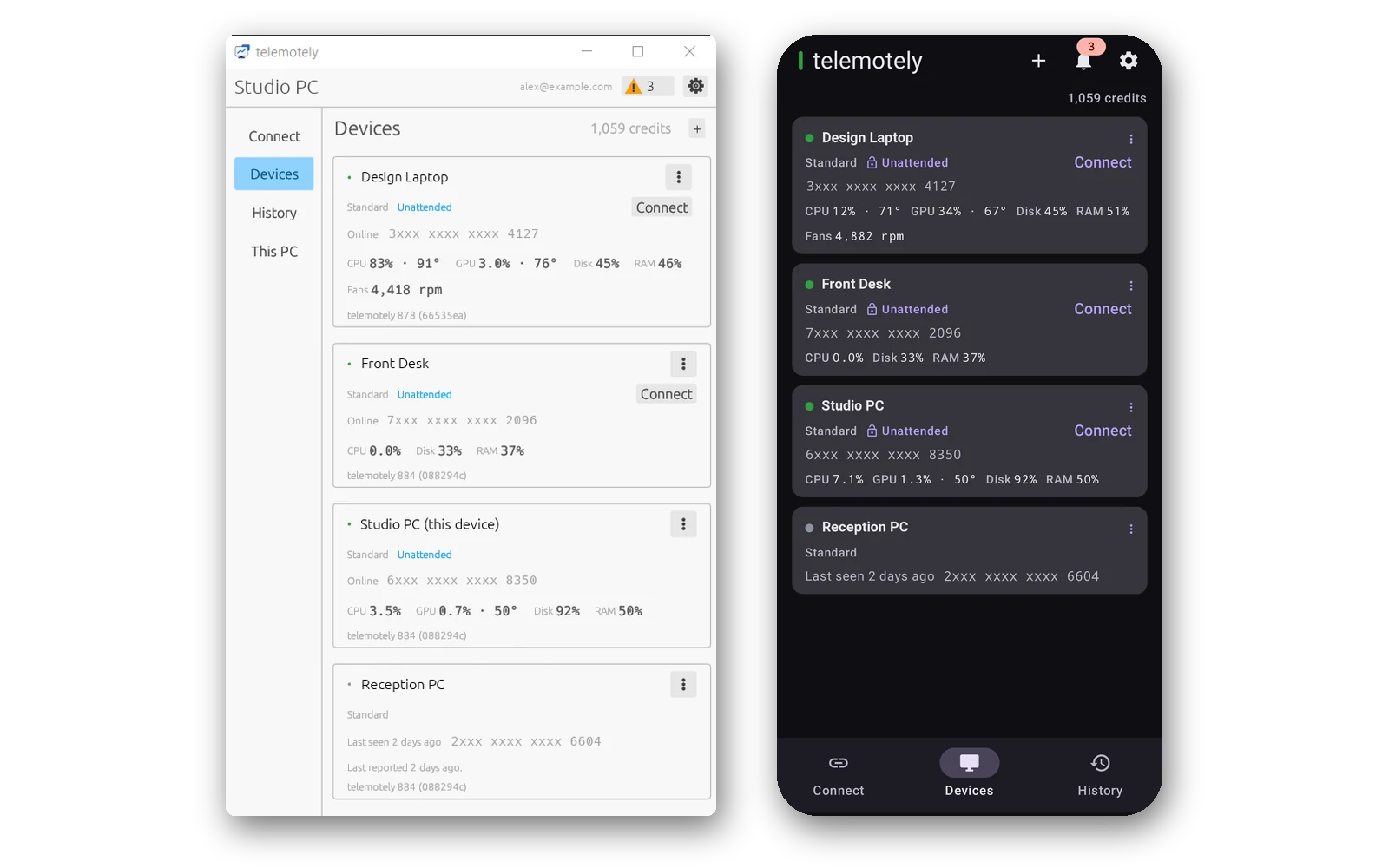 telemotely's device list on Windows and on an Android phone